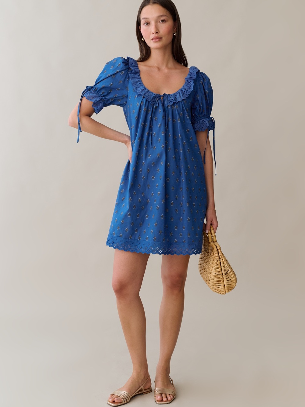 Juliet cotton dresss blue Short Ruffle-Sleeve Summer Dress